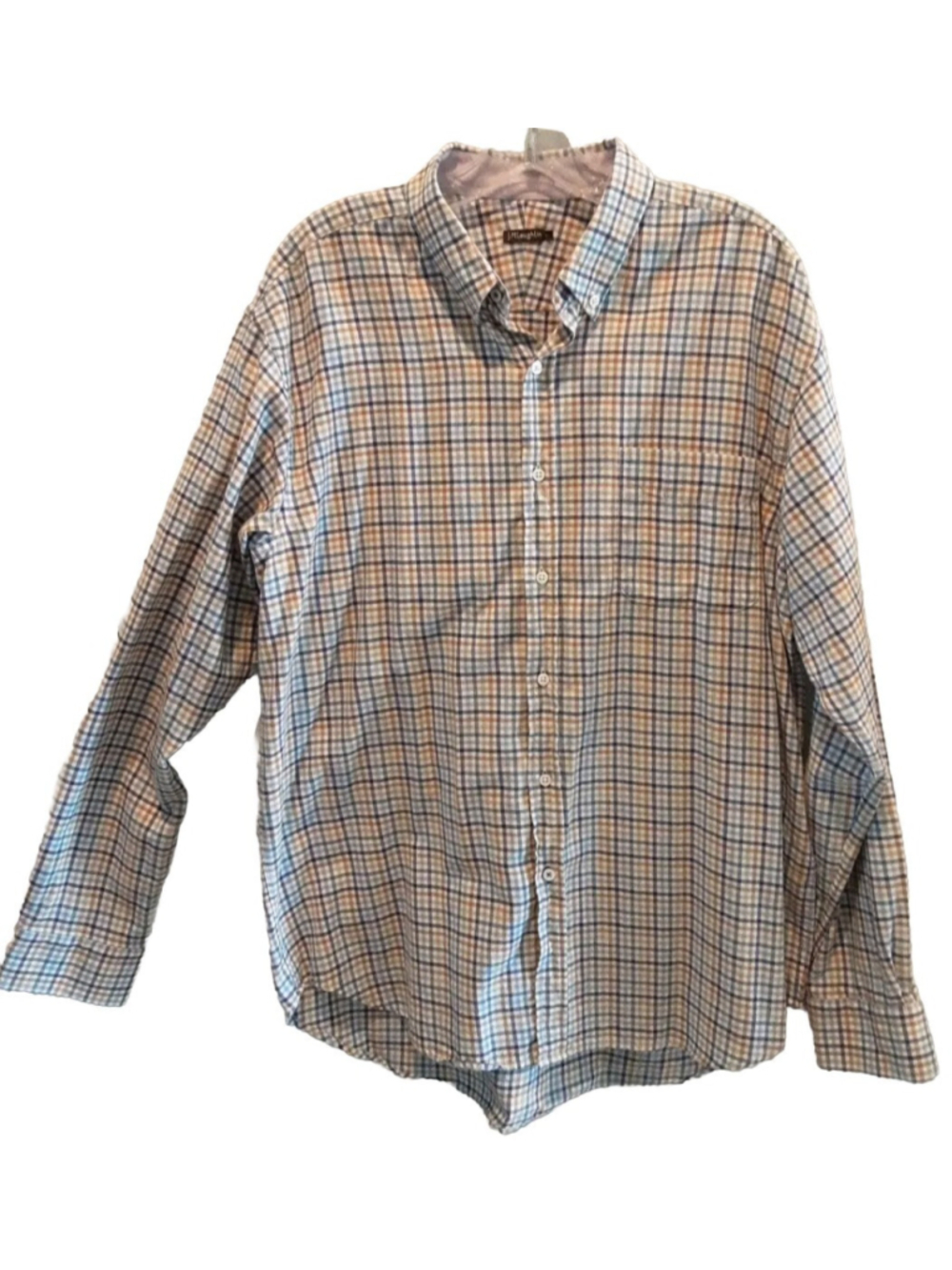 J MCLAUGHLIN Cotton/Wool LS Button Carnegie Shirt Blue Tan Tattersall Sz L